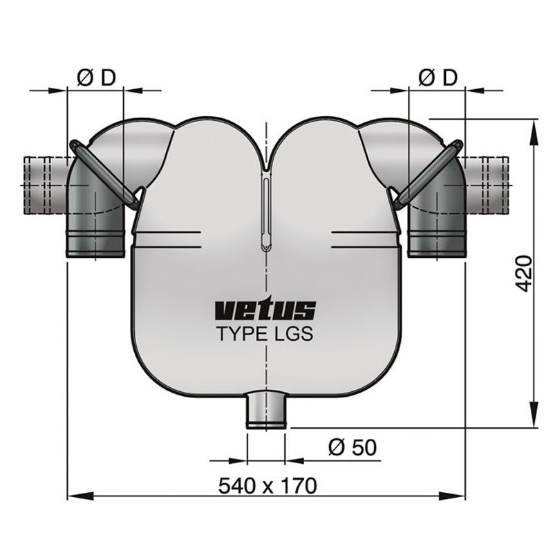 VETUS gas/water separator, 60 mm rotating connections, 50 mm drain