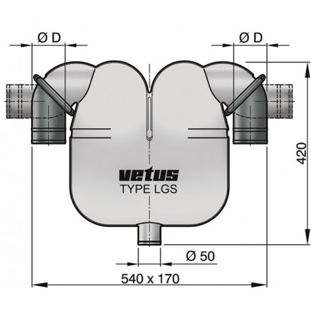 VETUS gas/water separator, 60 mm rotating connections, 50 mm drain
